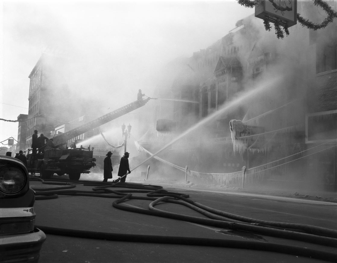 Fire in downtown Waterloo in 1958